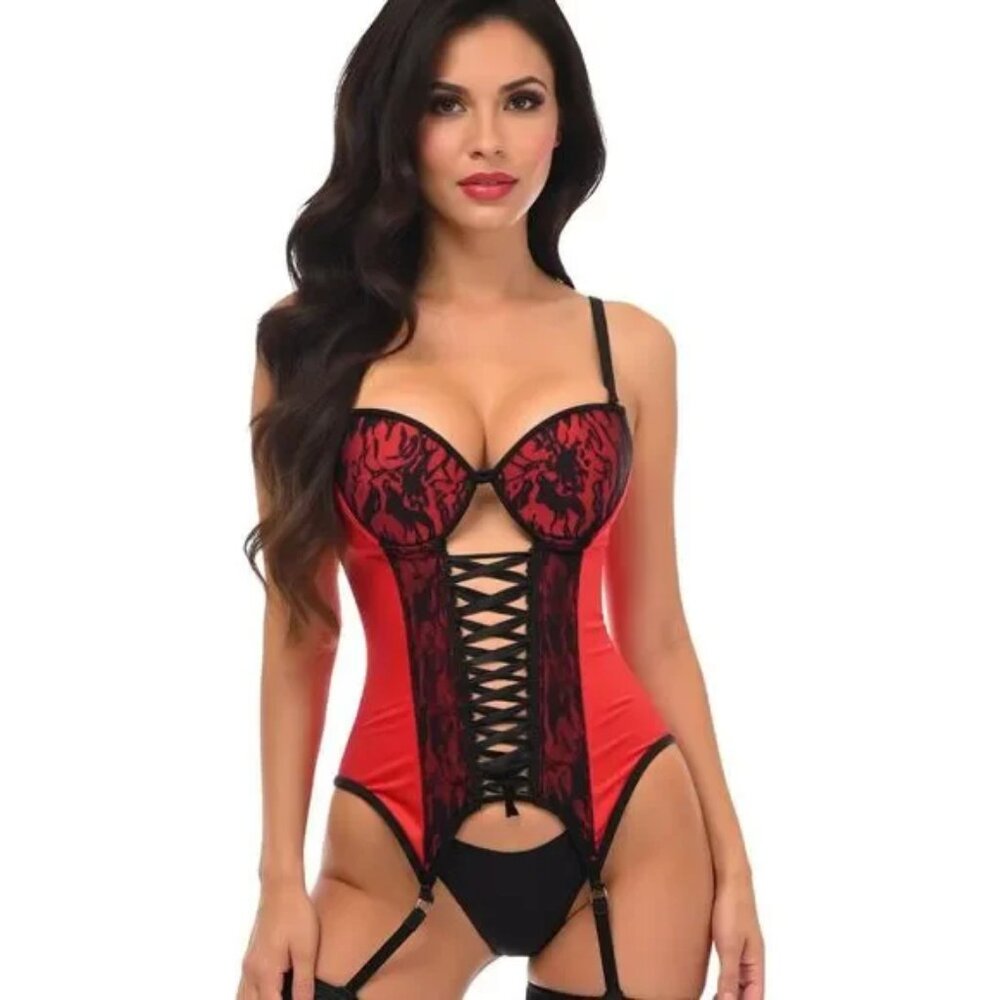 Lavish Red/Black Lycra & Lace Hook & Eye Lace-Up Bustier Corset w/Garters